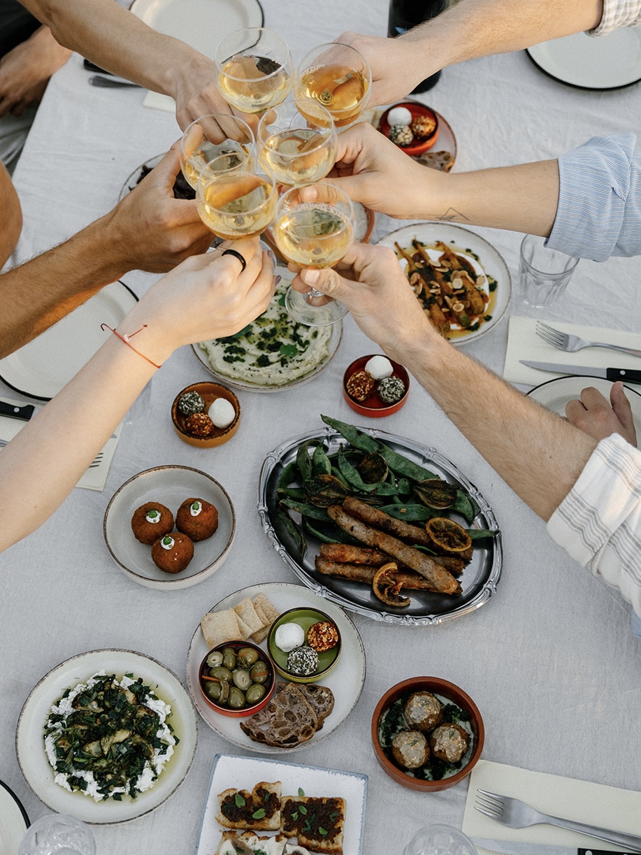 Guests toasting at a meze dinner