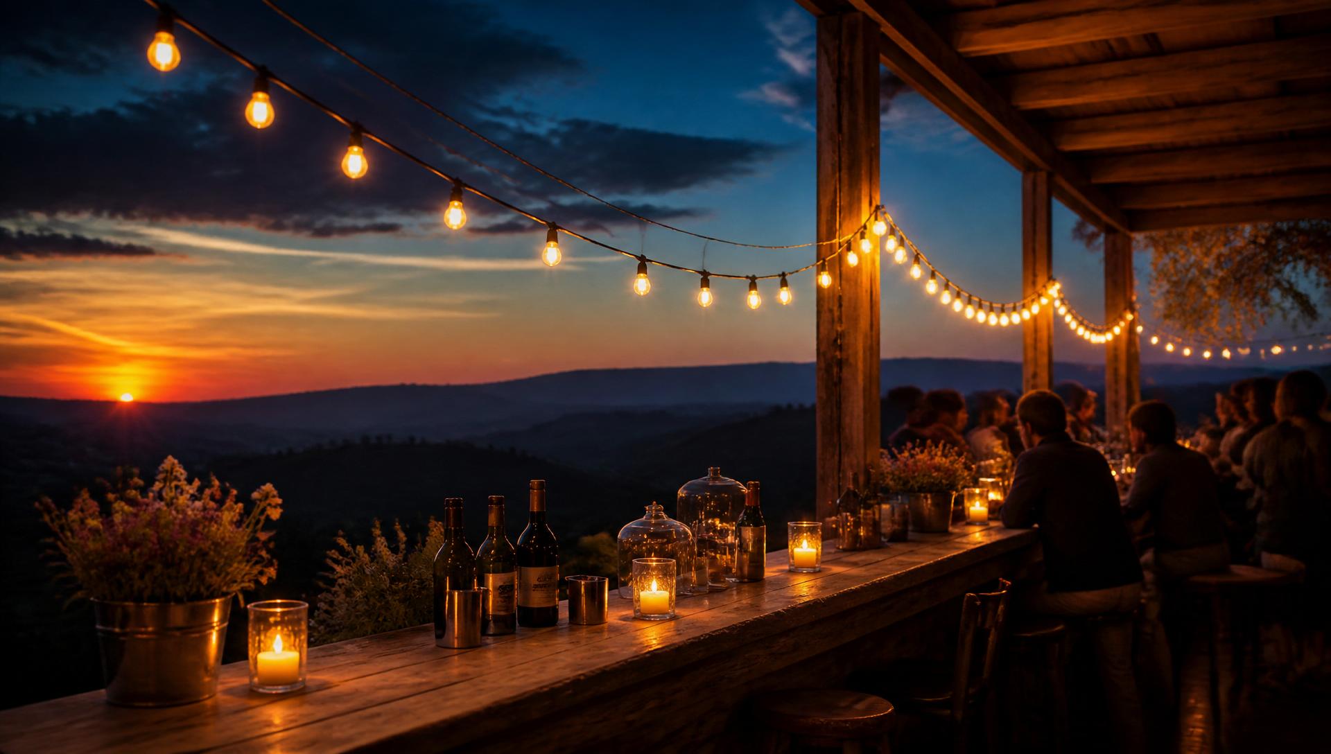Long wooden farm bar at dusk under string lights with the Istrian hills