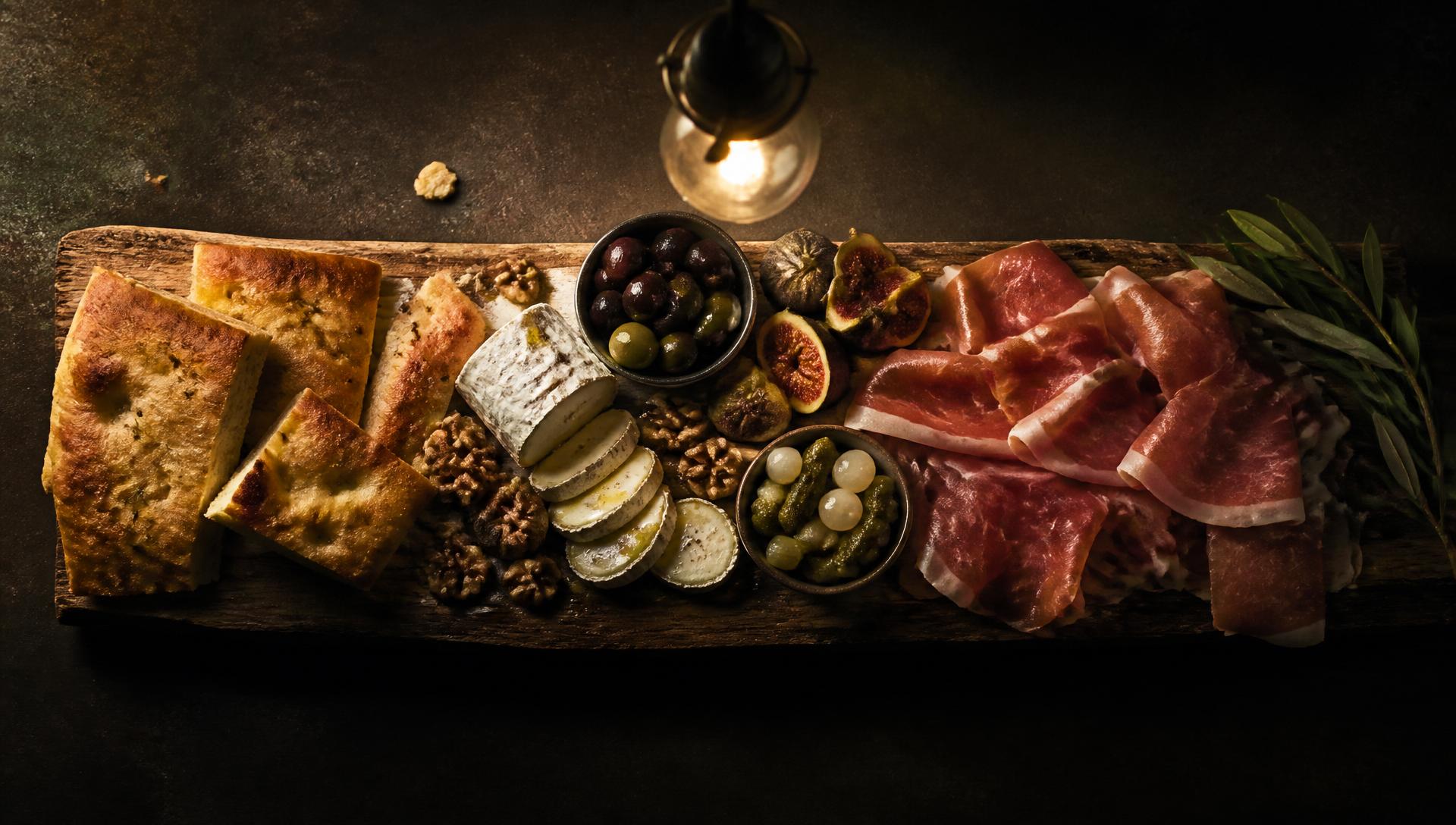 Wooden plank loaded with focaccia, goat cheese, pršut and pickles