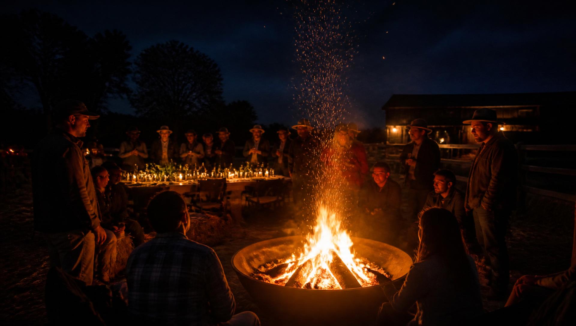 Guests gathered around a glowing fire pit at night on the farm